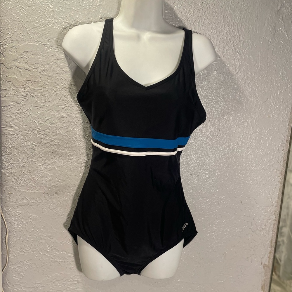 Speedo Black One Piece with Blue Stripe